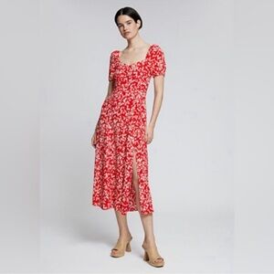 & Other Stories Red Floral Puff Sleeve Slit Midi Dress size 12